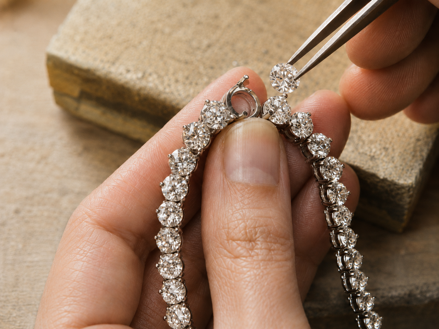 Jeweller carrying out a precise jewellery repair at the workbench