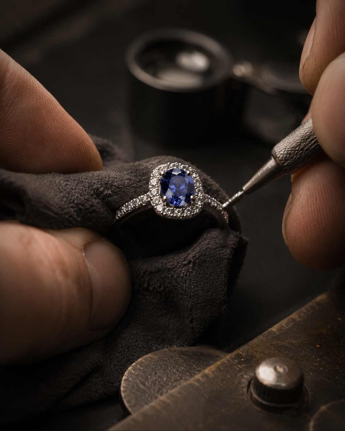 Diamond ring being restored on a jeweller’s bench