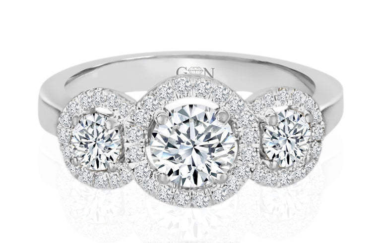 Three Stone Diamond Halo Engagement Ring