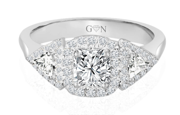 Three Stone Diamond Halo Engagement Ring