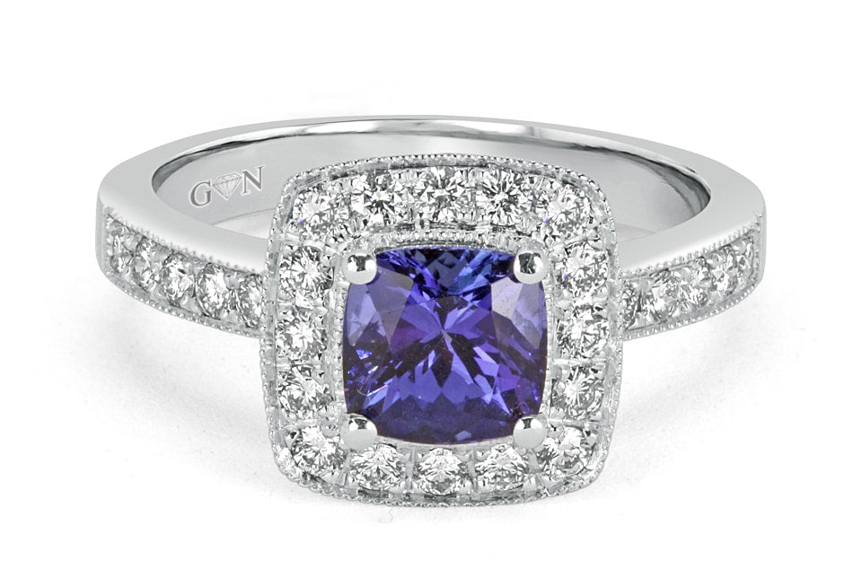 Tanzanite and Diamond Halo Design Ring