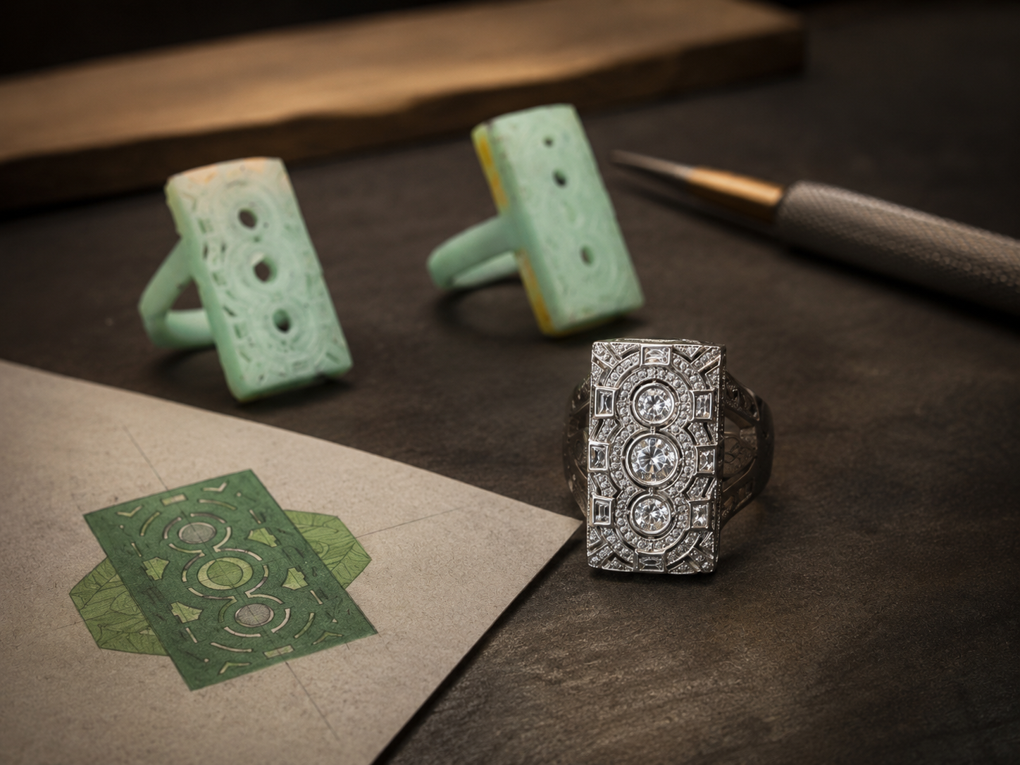 Close-up design details reviewed before jewellery making begins
