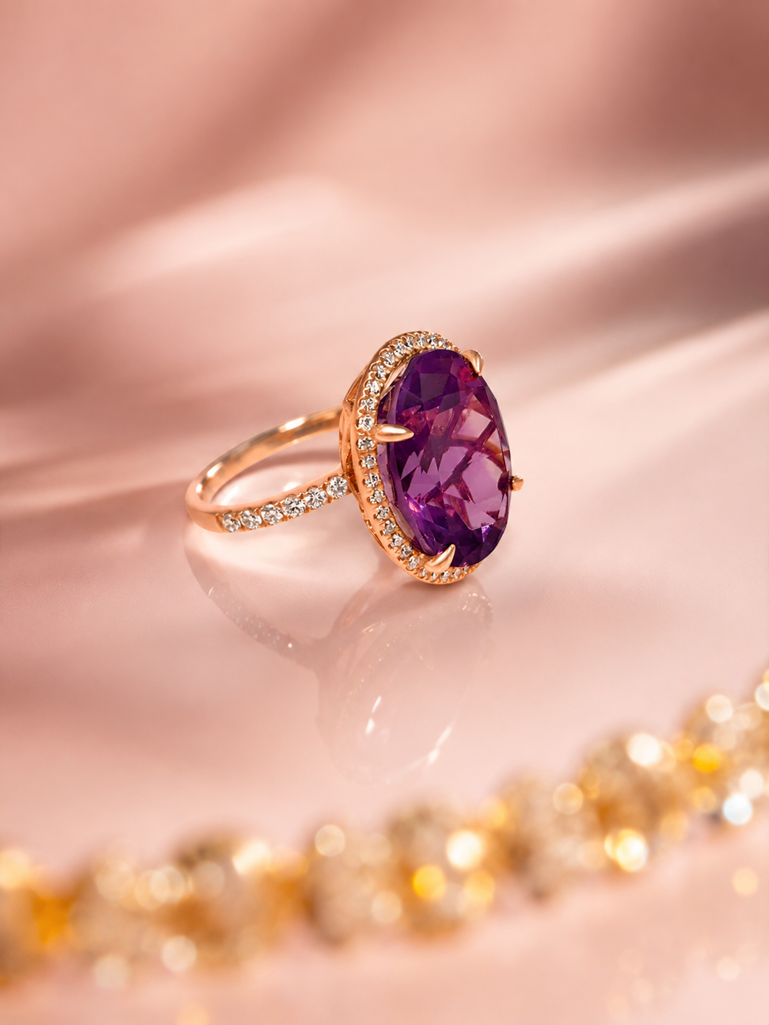 Custom gemstone ring with rose gold and diamond detail